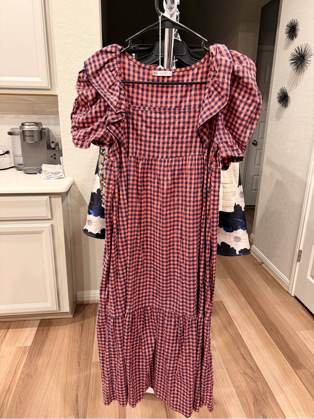 Zara Pink and Navy Gingham Puff Sleeve Dress